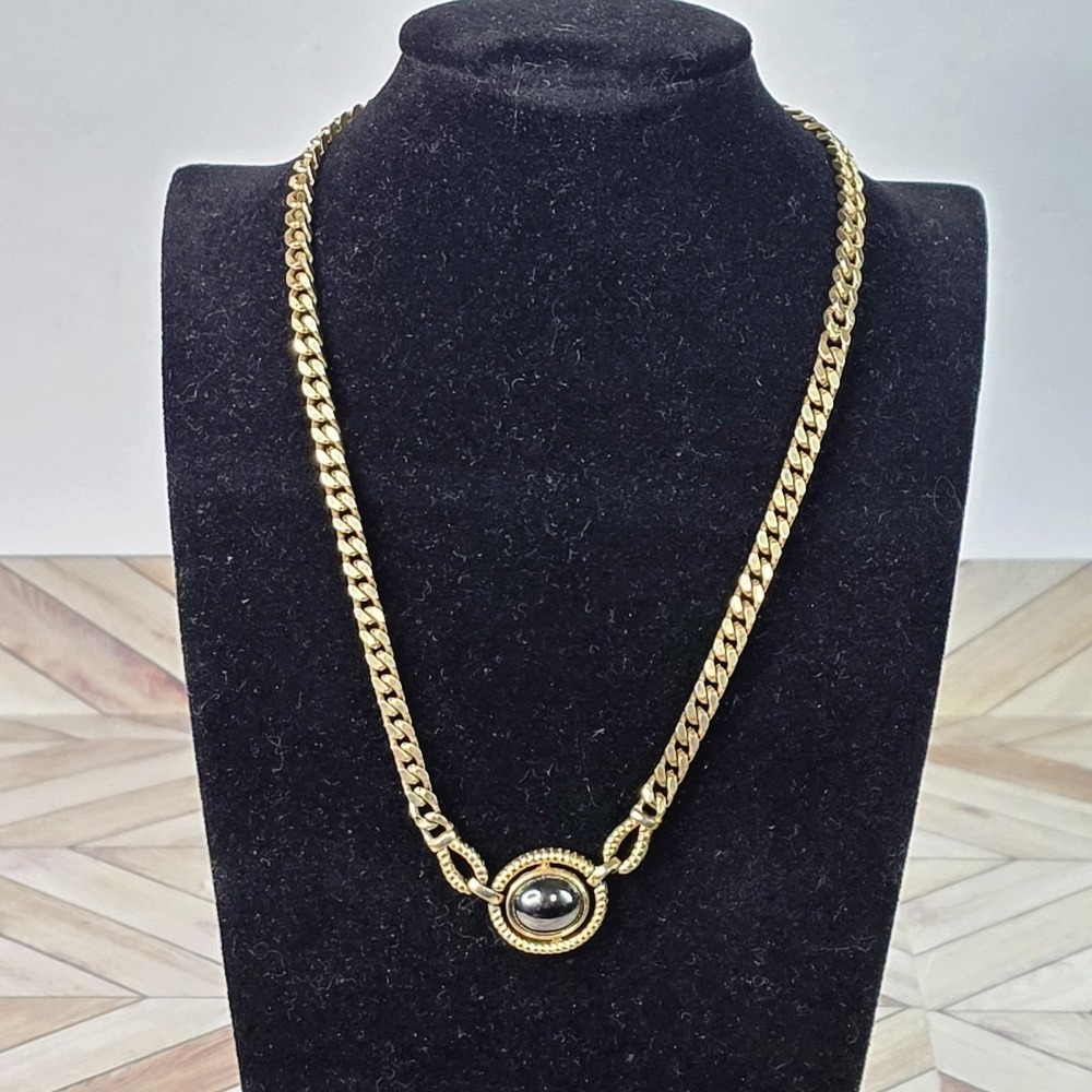 Vintage Louis Feraud Paris Hematite Cabochon Goldtone Curblink Necklace 16"